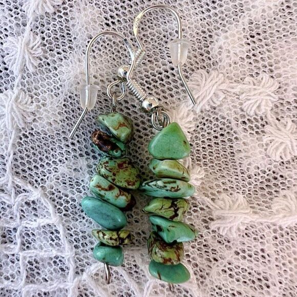 Vintage Turquoise Nugget Dangle Earrings 925 - Picture 2 of 8